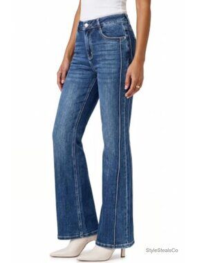 Arach&Cloz Women's High Stretch Side Seam Flare Jeans
